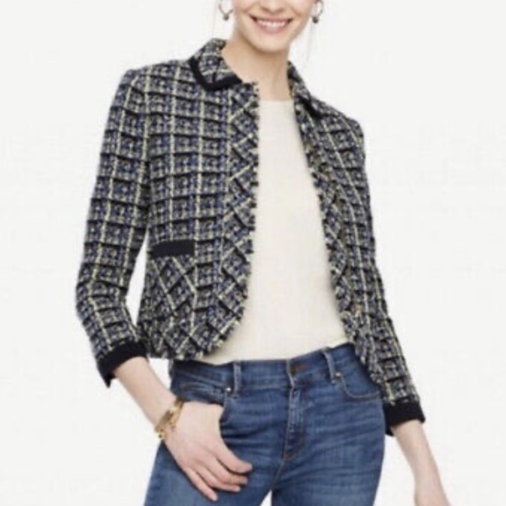 EUC Ann Taylor Blue Tweed Suit with gold threads